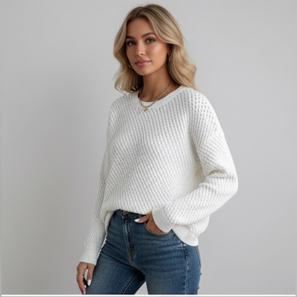 White Knit Drop Shoulder Round Neck Sweater - Picture 1 of 8
